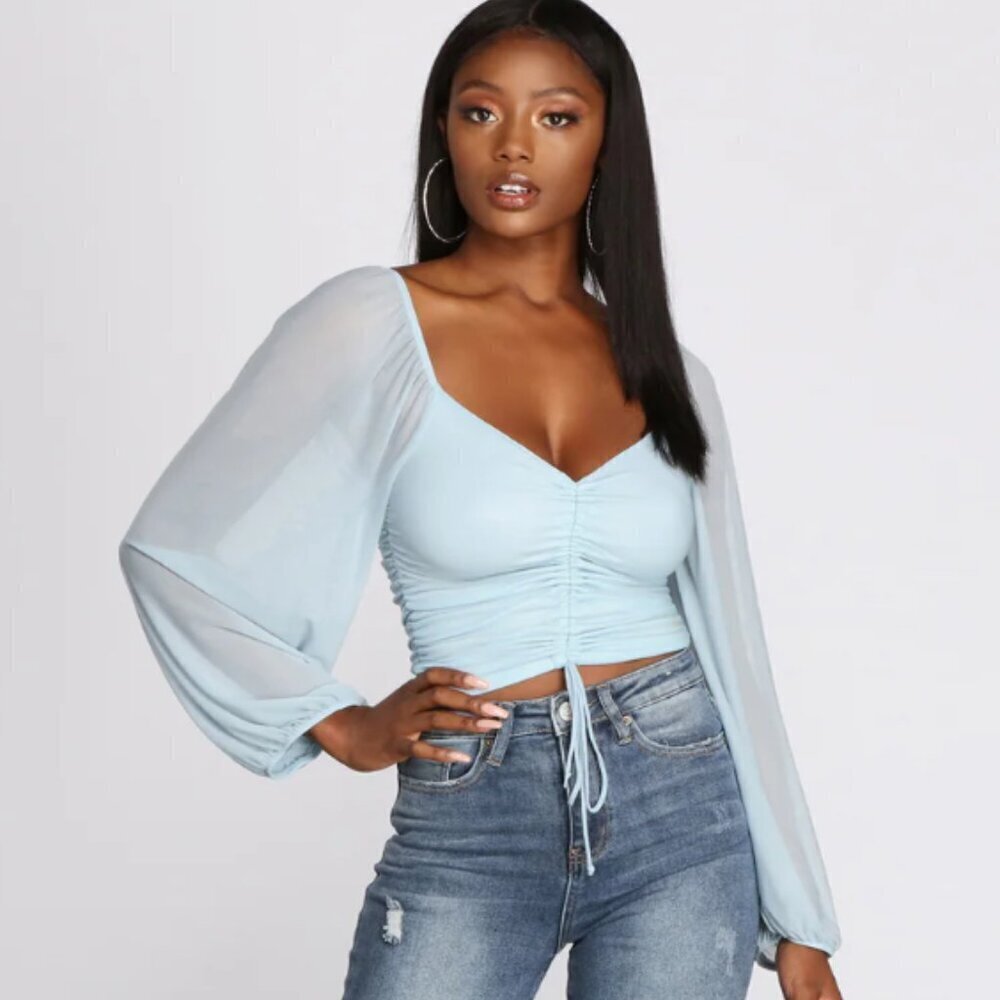 Windsor Emory Park Float On Balloon Sleeve Mesh Crop Top Light Baby Blue Ruched
